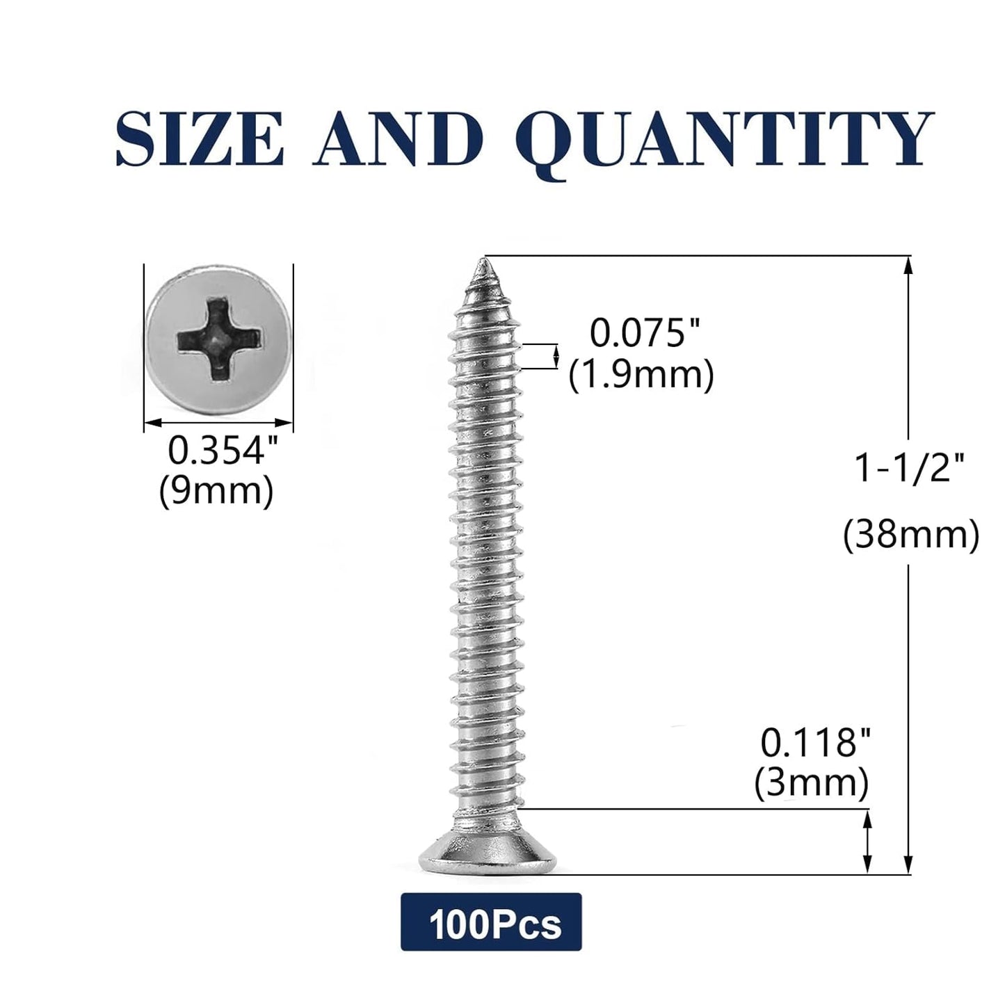 #10 x 1-1/2" Wood Screw 100Pcs 18-8 (304) Stainless Steel Screws Flat Head Phillips Fast Self Tapping Drywall Screws by SG TZH