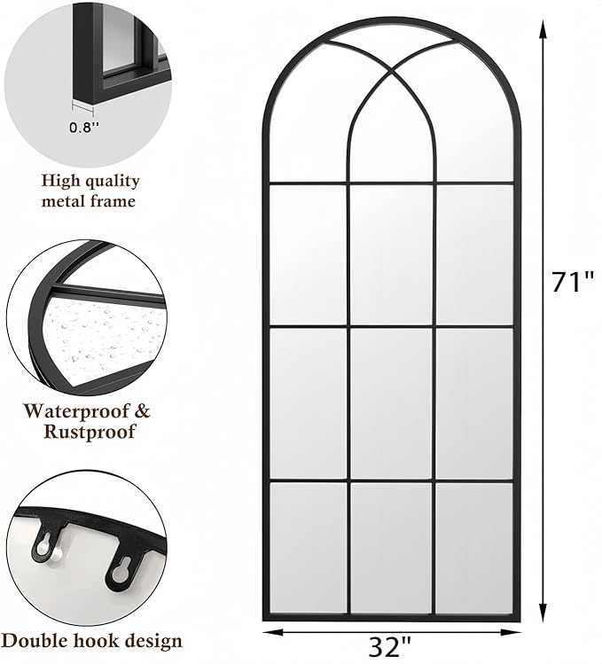 Dewfig 71"x32" Arched Window pane Full Length Mirror, Wall Mirror, Floor - Image 7