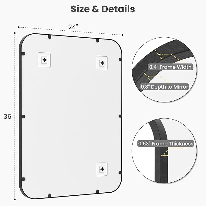 2-Pack 24x36 Inch Matte Black Bathroom Vanity Mirrors | Flush Mount Deep Set - Image 3