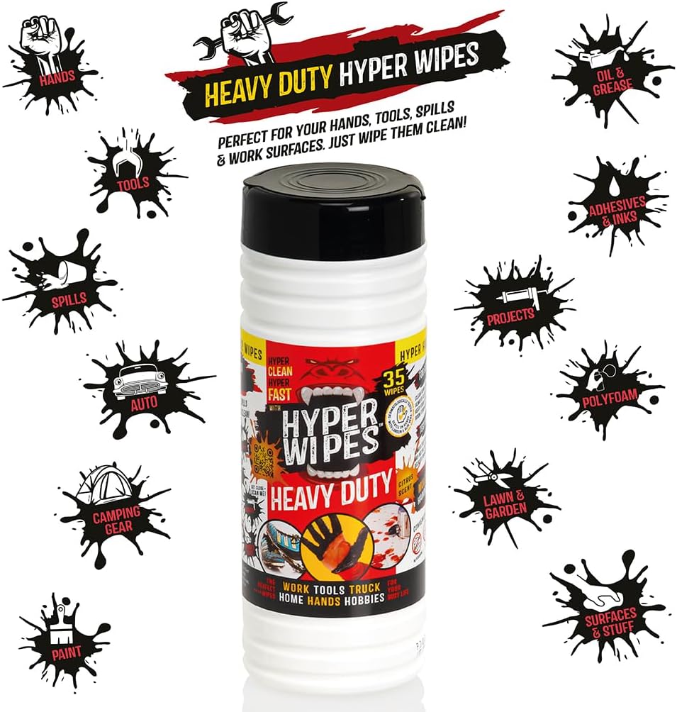 Hyper Wipes, 4 Pack Heavy Duty Hand & Tool Cleaning Wipes, 7"x12" Size Multi-Surface Cleaning Wipes, Degreasing, All Purpose Cleaner, Bathroom, Mechanic, Work Surface Wipes, 140 Count Canister