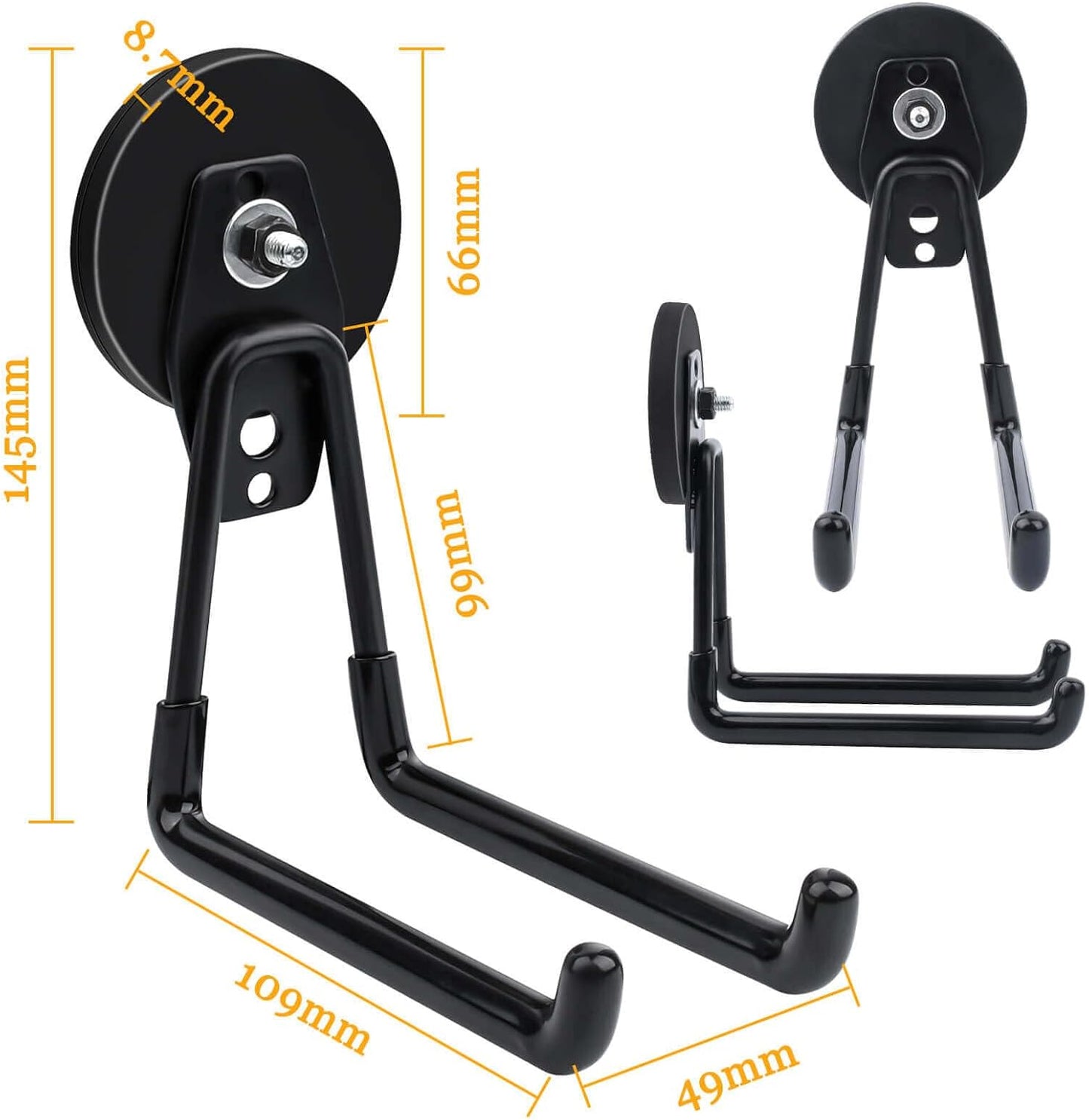 2 Pack Magnetic Hooks, Large Manget with Hooks, 2.59" (66 mm) Magnetic Hooks Heavy Duty for Hose, Jig Saw, Circular Saw,Workshop Organization, Tool Hooks for Hammer Drill, Garden Tool, Black