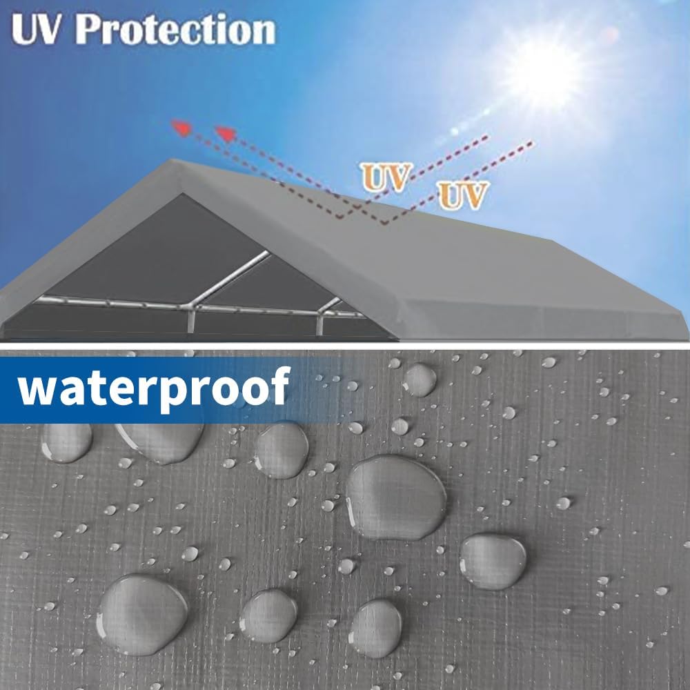 10'x20' Upgraded Carport Replacement Top Canopy Cover for Car Garage Shelter Tent Party Tent with Ball Bungees Grey (Only Top Cover, Frame is not Included)