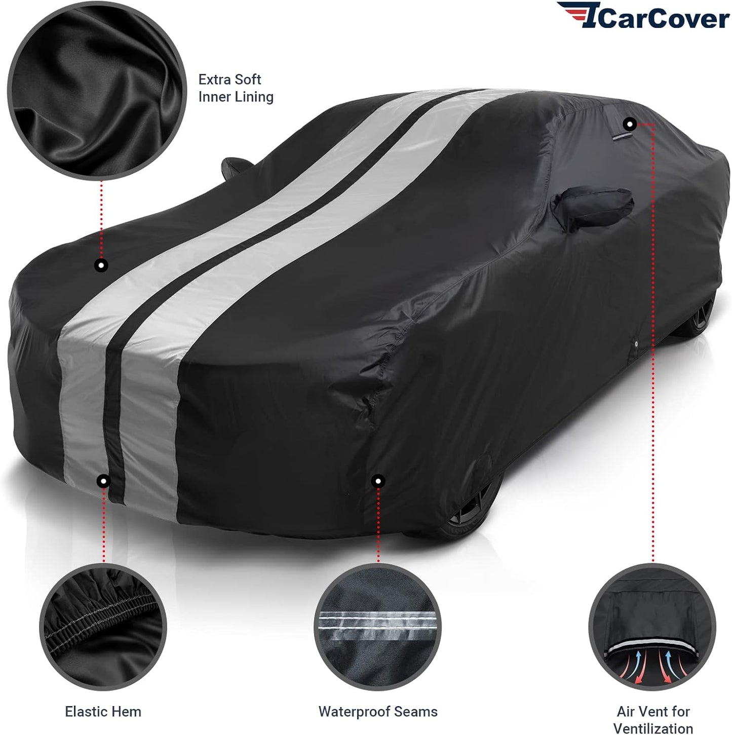 iCarCover Custom Car Cover Compatible with Camaro 1993-2002, Waterproof All Weather Rain Snow UV Sun Protector Full Exterior Indoor Outdoor Car Covers, Stripe (Black/Gray)