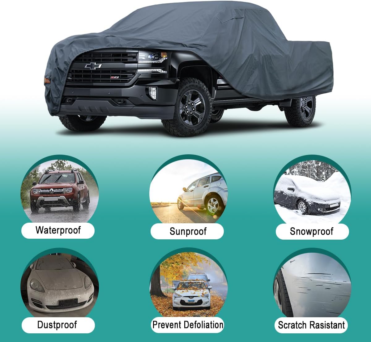 16 Layers Truck Cover Waterproof All Weater, Heavy Duty Outdoor Pickup Truck Cover for Tacoma, Tundra, Titan, F-150, RAM 1500, Silverado 1500, Sierra 1500 etc. Length up to 228 inches.