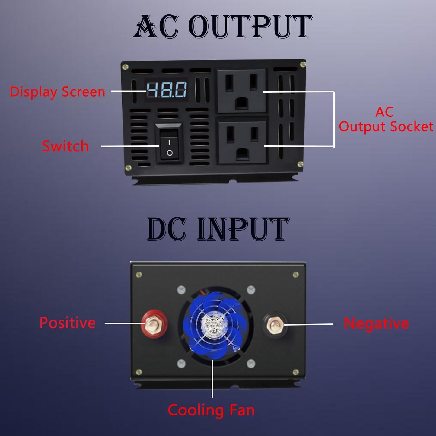 1200W Pure Sine Wave Inverter-36V DC to 110V 120V AC Power Converter with 2 AC Outlets, 36 Volt Power Inverter for Truck, Rv, Camping, Home, Emergency Power