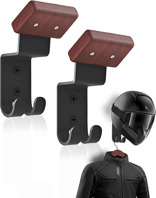 2 Pack Motorcycle Helmet Holder with Solid Wood and Strong Steel Design, Wall Mount Hanger for Motorcycle Bike Outerwear Sports Gear