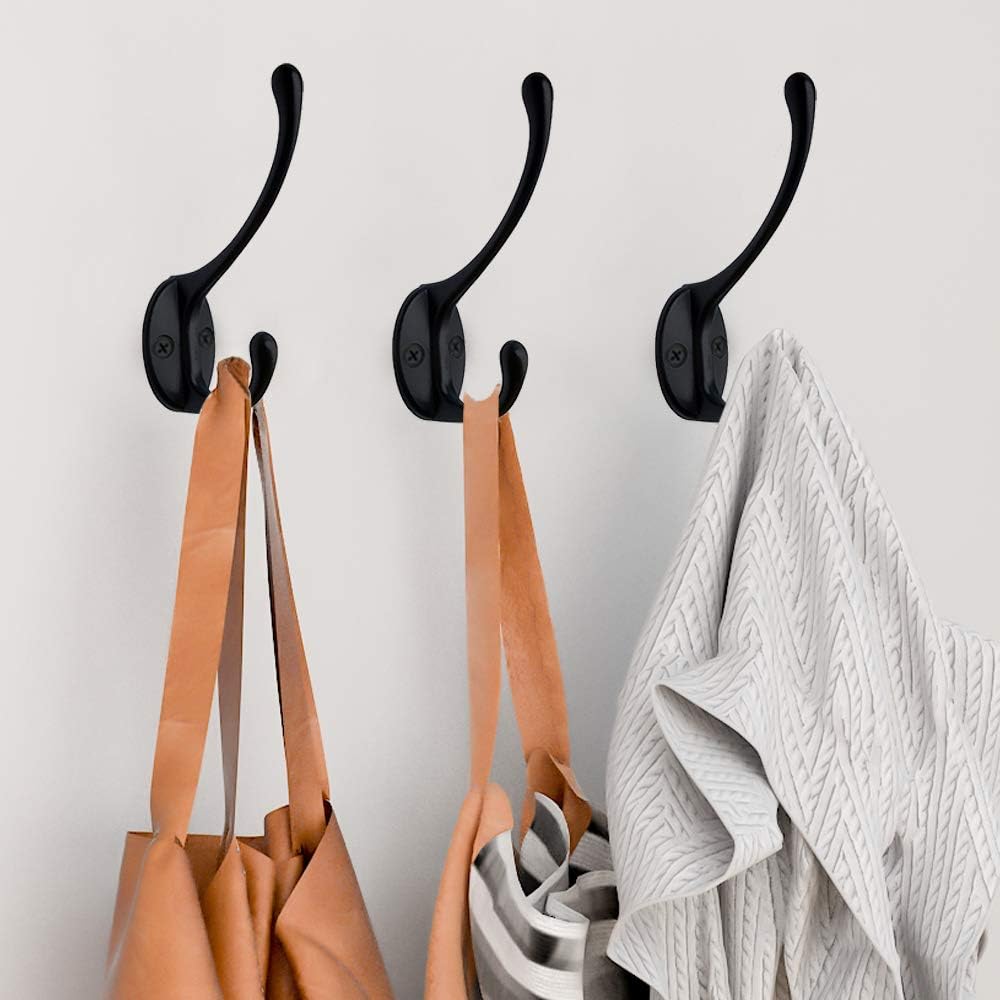 IBosins 10 Pack Heavy Duty Dual Coat Hooks Wall Mounted with 40 Screws Retro Double Hooks Utility Black No Rust Hooks for Coat, Scarf, Bag, Towel, Key, Cap, Cup, Hat (Black)