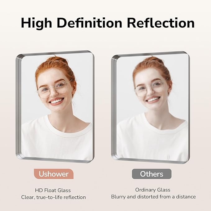 USHOWER Brushed Nickel Bathroom Mirror 30"x40", Rounded Corner, Aluminum Frame - Image 3