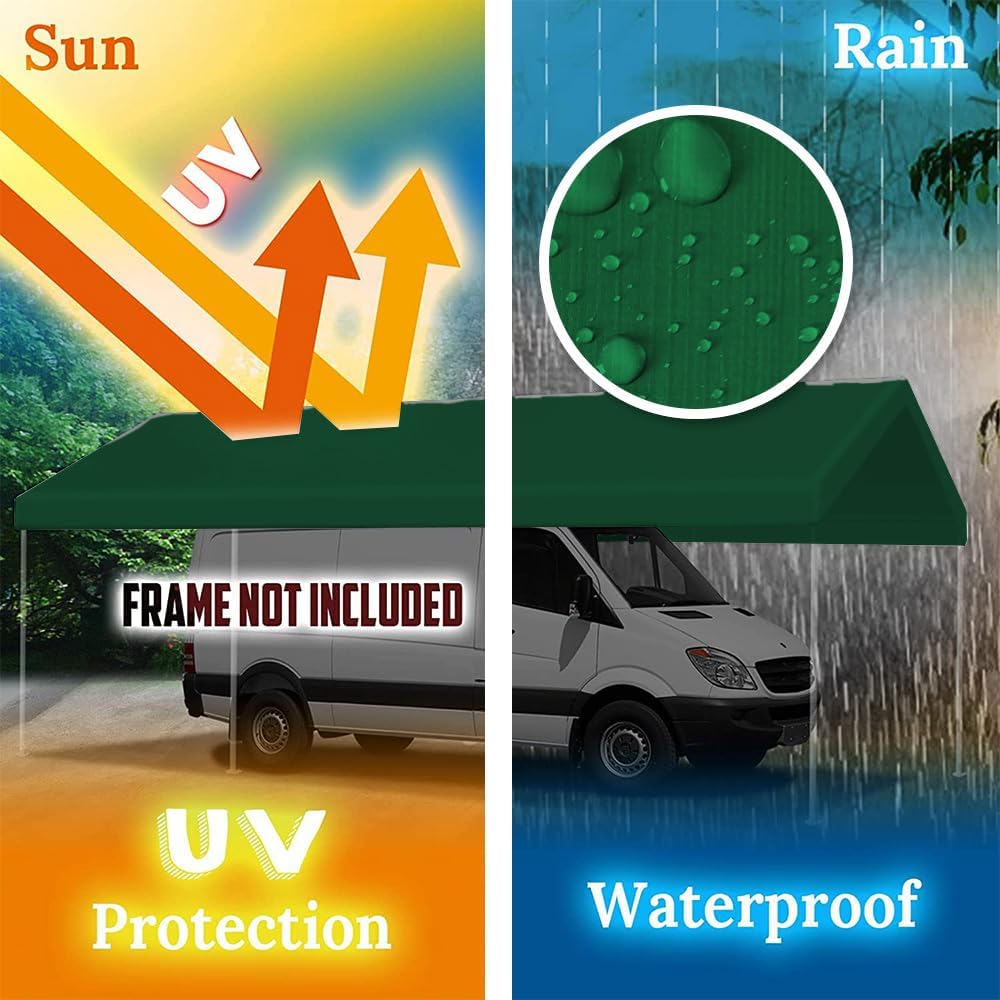 10'x20' Upgraded Carport Replacement Top Canopy Cover for Car Garage Shelter Tent Party Tent with Ball Bungees Green (Only Top Cover, Frame is not Included)