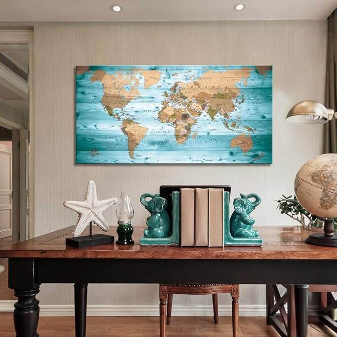 Large Wall Art Blue map of The World Painting Ready to Hang 29"x58"Large Framed - Image 5