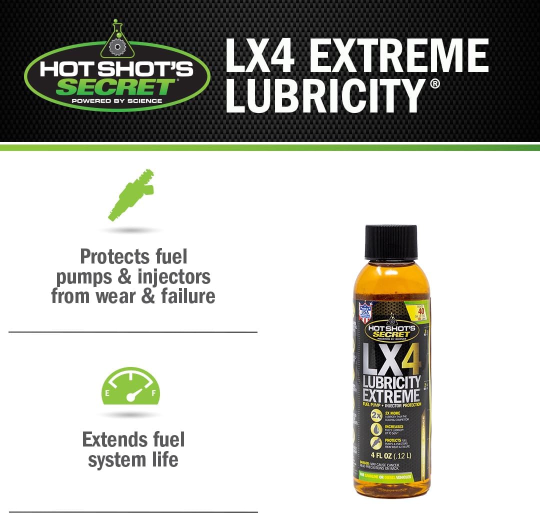 Hot Shot's Secret LX4 Lubricity Extreme – Fuel System Protection – Lubricates and Protects Fuel Pump and Injectors – Prevents Wear and Damage – For Gasoline or Diesel Engines – 4 Oz