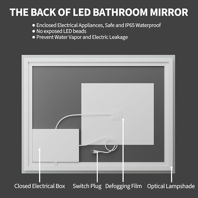 Koonmi 36"x24" LED Mirror for Bathroom, 90CRI Anti-Fog Vanity Mirror - Image 8