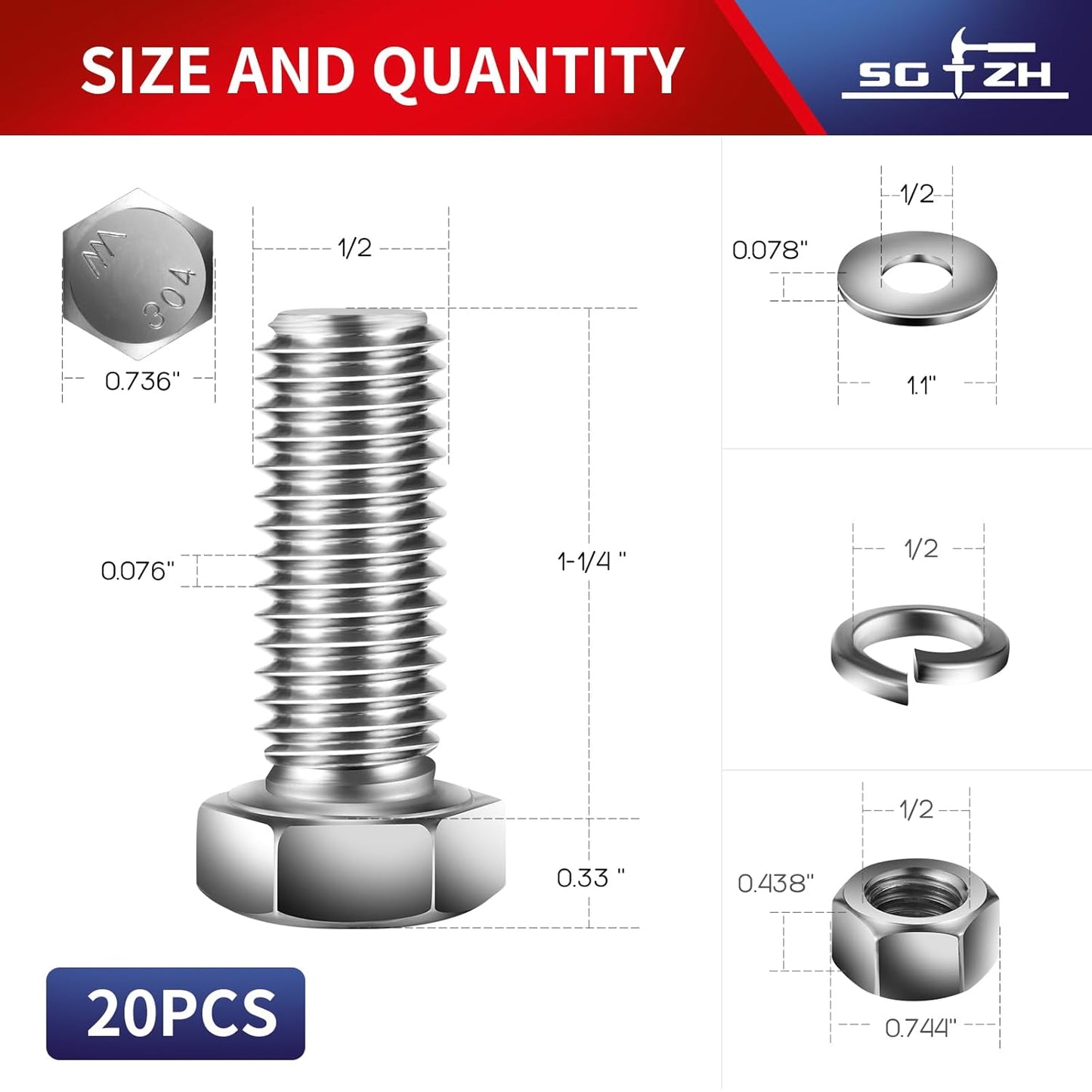 1/2-13 x 1-1/4" Hex Head Screw Bolt, Nuts, Flat & Lock Washers, 20Pcs 18-8 (304) Stainless Steel, Fully Threaded, by SG TZH