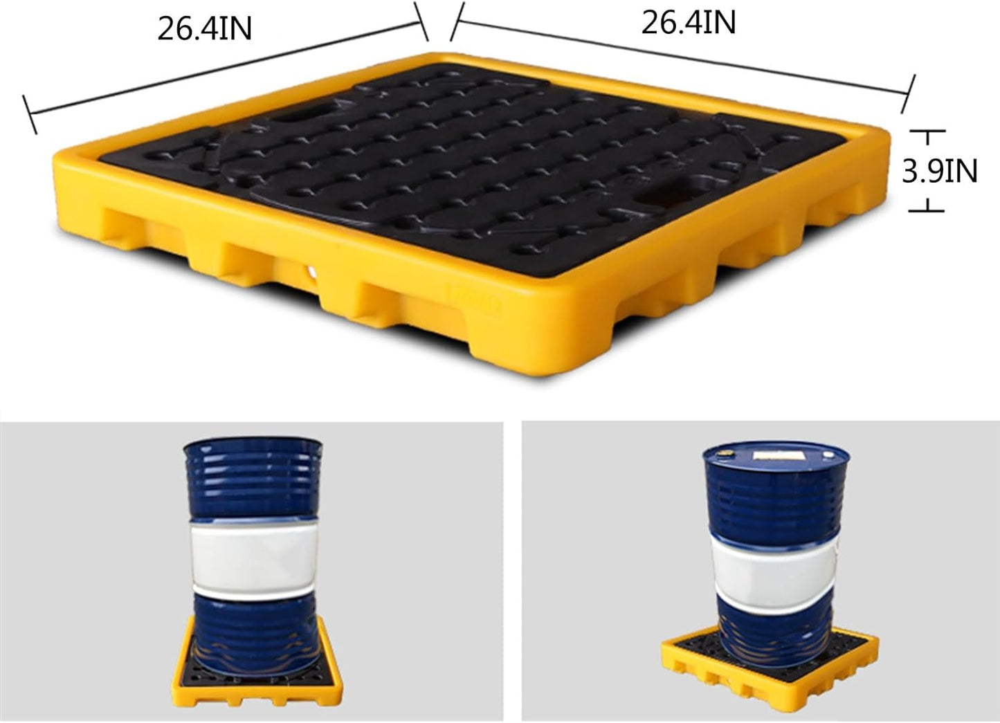 2 Drum Containment Spill Pallet, Polyethylene Low Profile Paint Bucket Tray, Industrial Garage Storage Detachable Shipping Leakproof Platform (Color : Yellow-2 Pack, Size : 26.4"x26.4"x3.9"