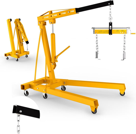 2-Ton Folding Hydraulic Engine Hoist with Lever, Heavy-Duty Engine Crane Cherry Picker with 6 Casters, Shop Lift for Garage, Workshop & Warehouse, Yellow