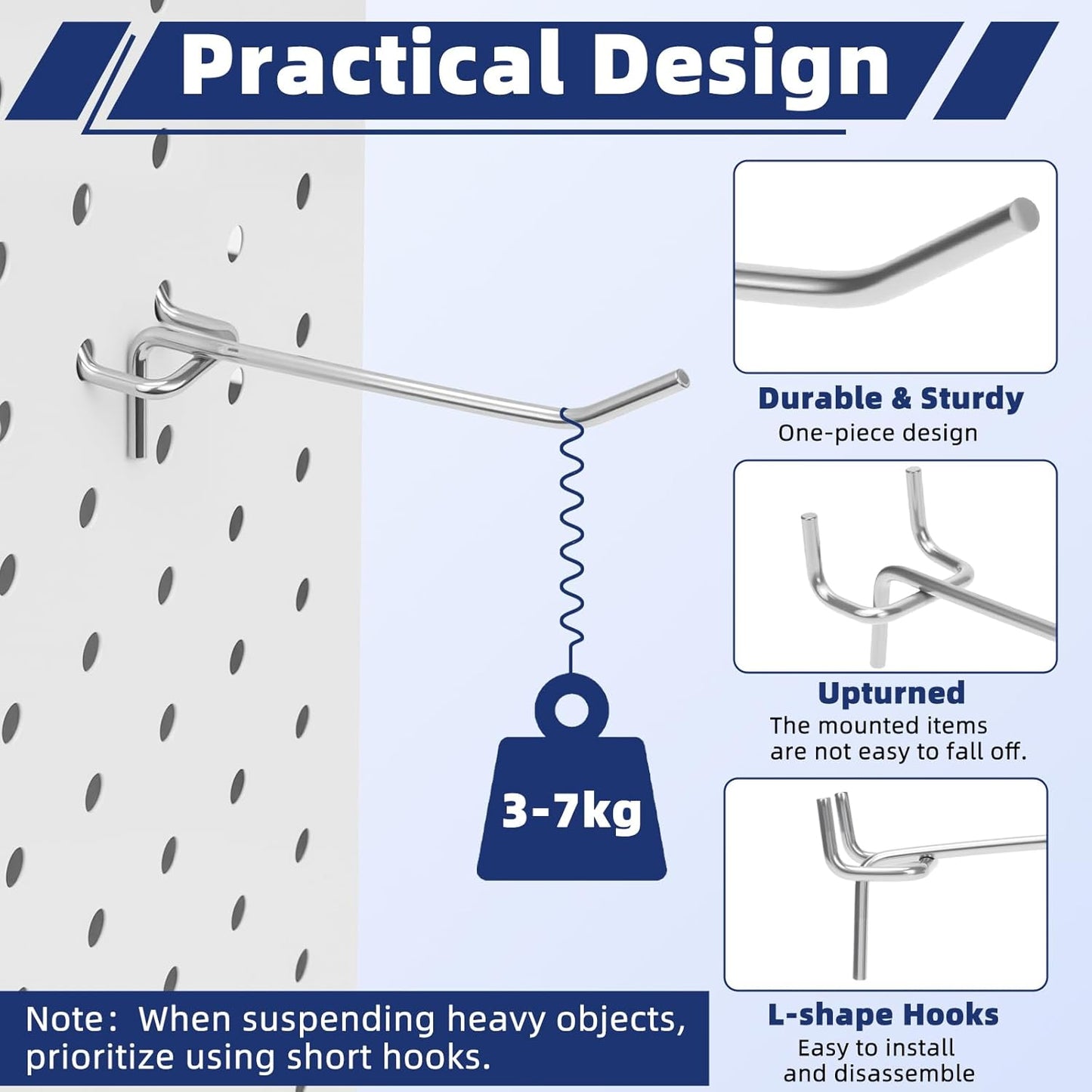 100 Pack Pegboard Hooks Heavy Duty 4 6 8 Inch Pegboard Hooks 1/8 Stainless Steel Peg Board Shelving Hanging Tool Pegs Organizer Accessories Kit for Garage Kitchen Store Craft Organizing Wall Storage