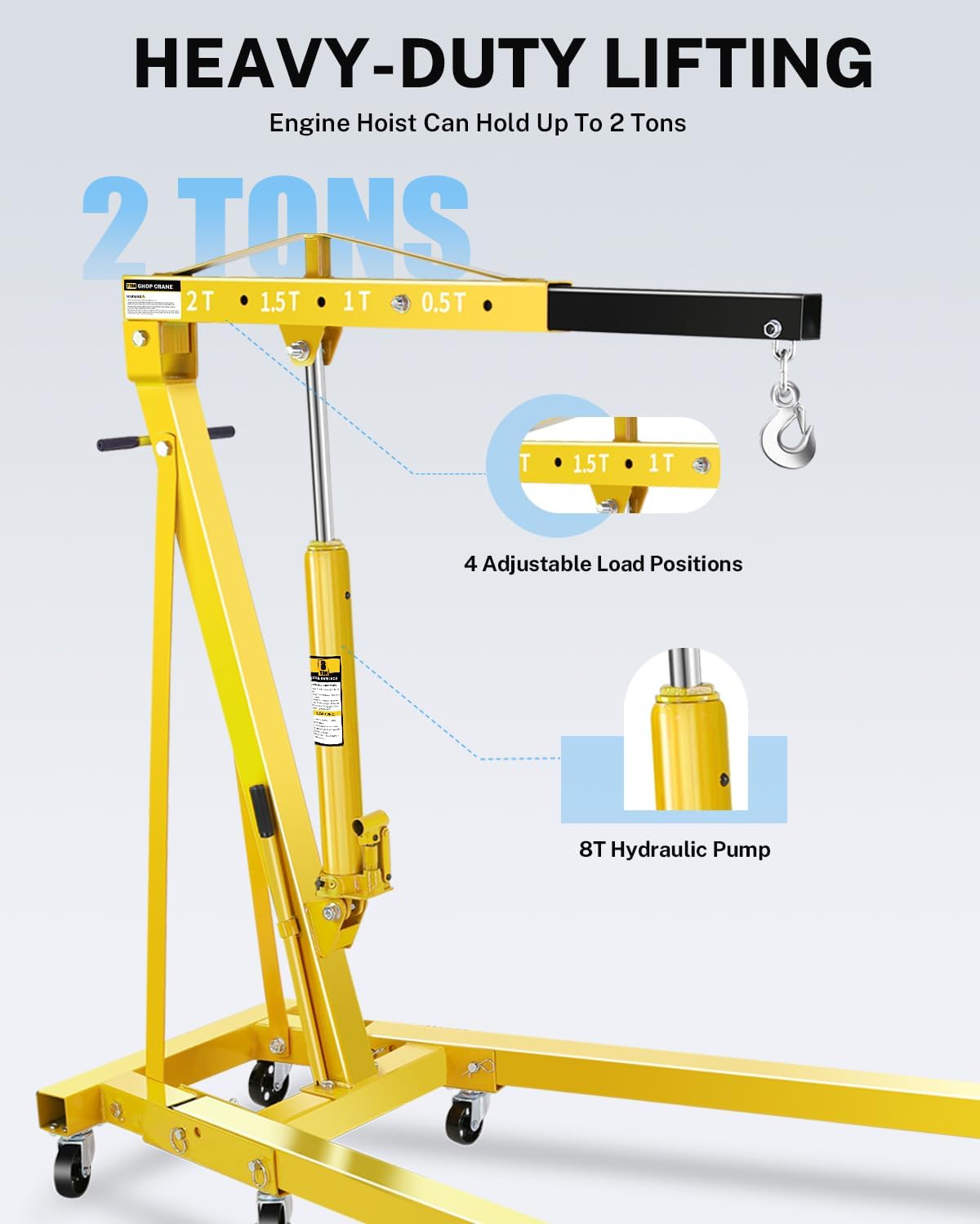 2-Ton Folding Engine Hoist, Hydraulic Shop Crane with 6 Swivel Wheels & Adjustable Boom (0.5T-2T), Heavy-Duty Cherry Picker for Garage, Workshop, Truck, Farm (Net Wt. 157 lbs)