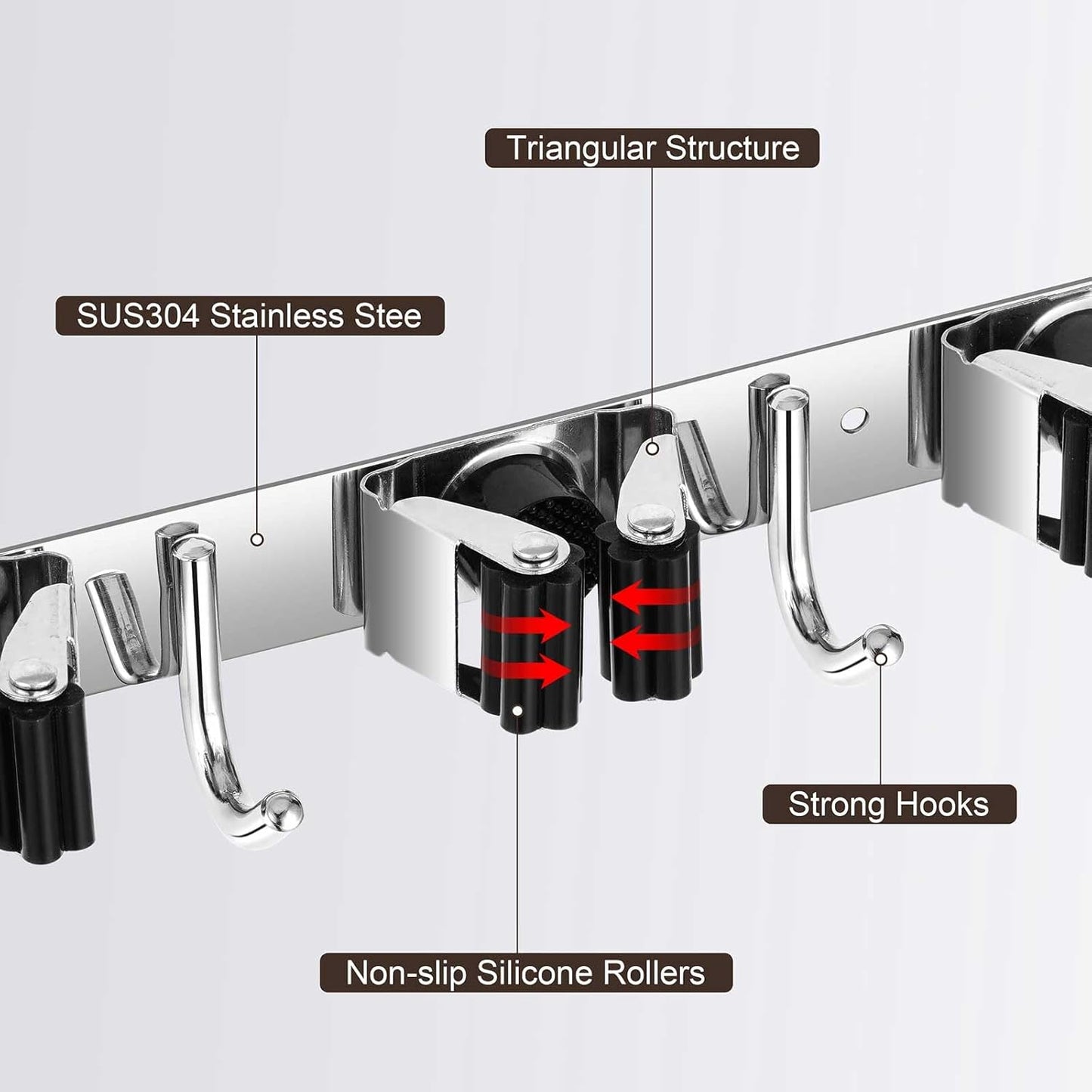 2 Pack Broom Holder Wall Mount, Stainless Steel Broom Hanger Wall Mount, Heavy Duty Mop and Broom Holder Tool Racks Utility Hooks for Laundry Room Garden Garage, Black (4 Racks and 5 Hooks)