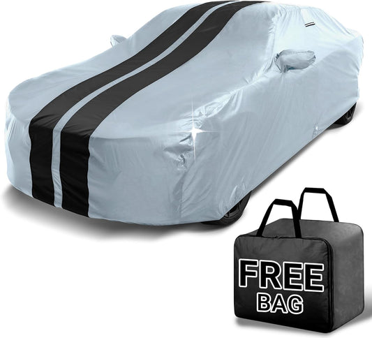 iCarCover Custom Car Cover for Chevy Camaro LT, LS, RS, SS (2010-2024) Waterproof All Weather Rain Snow UV Sun Protector Full Exterior Indoor Outdoor Car Cover (Stripe - Gray/Black)
