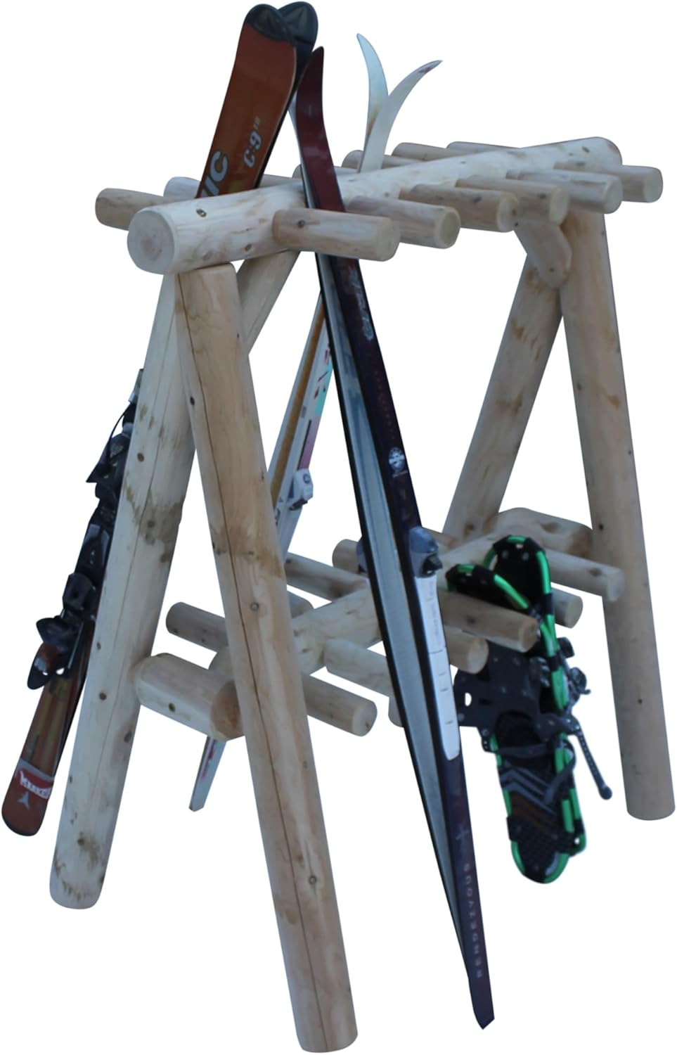 13-Place Freestanding Log Ski Rack Holder, Indoor & Outdoor Snowboard Racks, Standing Storage, Garage Racks for Snow Skis & Poles, Durable Snowboard Rack Garage Storage Organizer - Unfinished