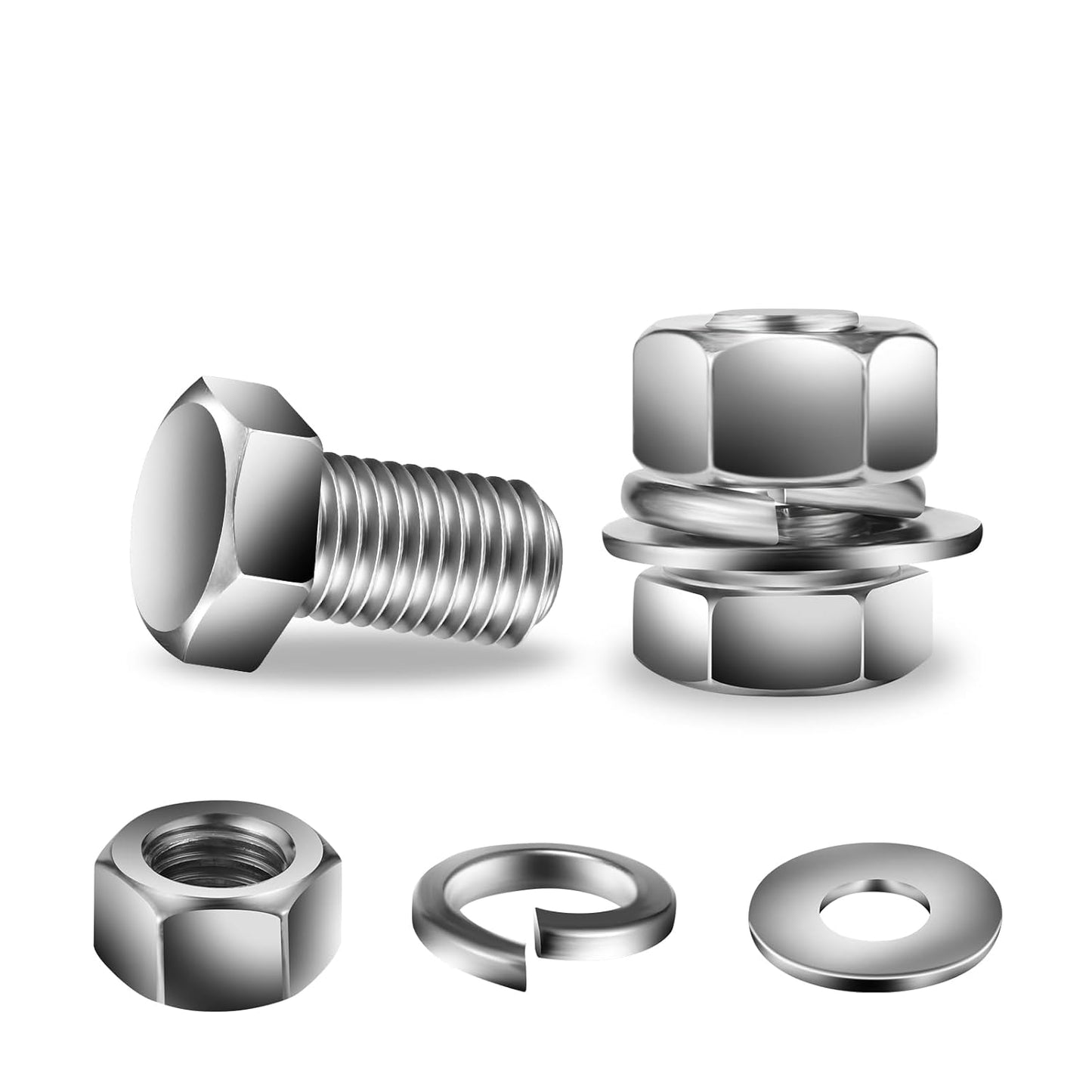 1/4-20 x 3/4" Hex Head Screw Bolt, Nuts, Flat & Lock Washers, 20Pcs 18-8 (304) Stainless Steel, Fully Threaded, by SG TZH