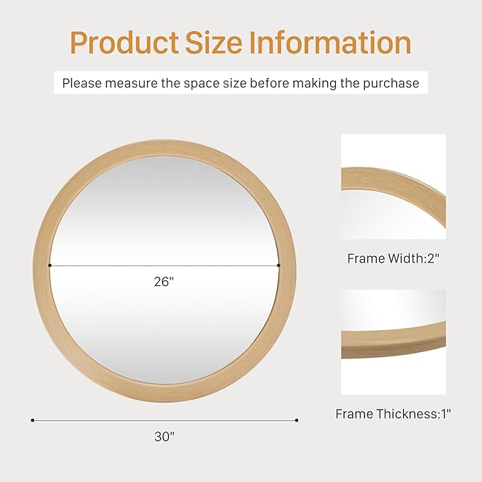 CULER Round Mirror 30 Inch, Natural Vanity Wall Rustic Mirrors, Circle Tempered - Image 7