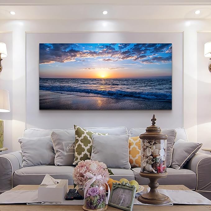 Wapluam Large Canvas Wall Art Sunset Beach Painting Picture Print on Canvas - Image 3