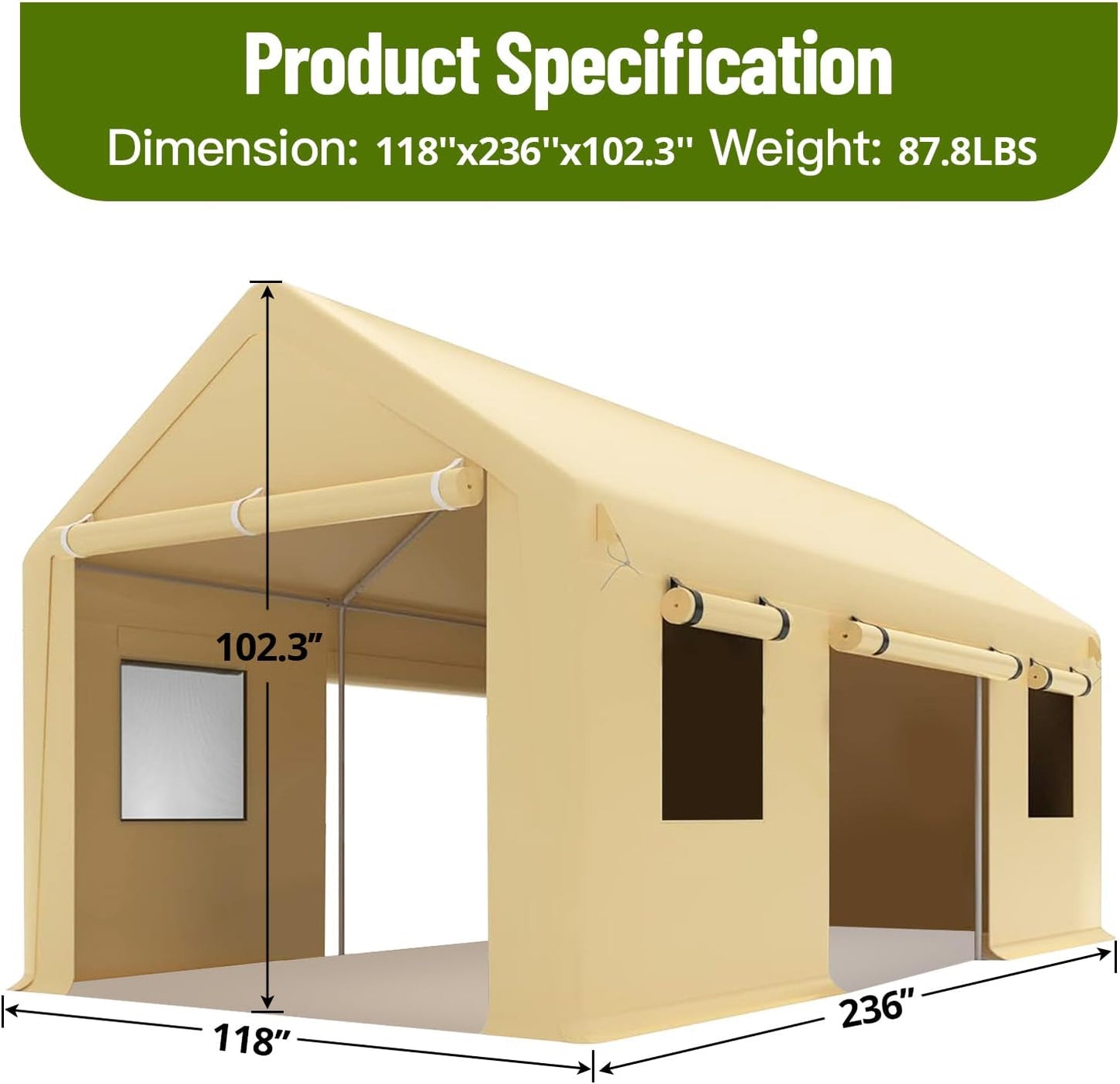 10 x 20ft Heavy-Duty Carport with Roll-Up Windows & Removable Sidewalls & Doors Thickened Wind Ropes, Ground Nails, Portable Car Tent Garage for Cars, Trucks, Boats, 180G Durable Tarp Cover,Yellow