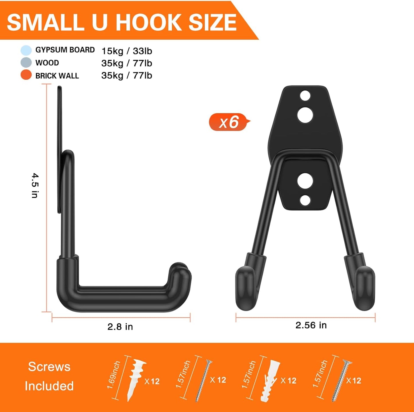 Heavy Duty Garage Hooks 6 Pack, 2.8 inch Small U Shaped Hanger, Wall Mounted Storage System, Power and Garden Tool Organizer, for Hanging Ladders, Hose, Bulk Items and More