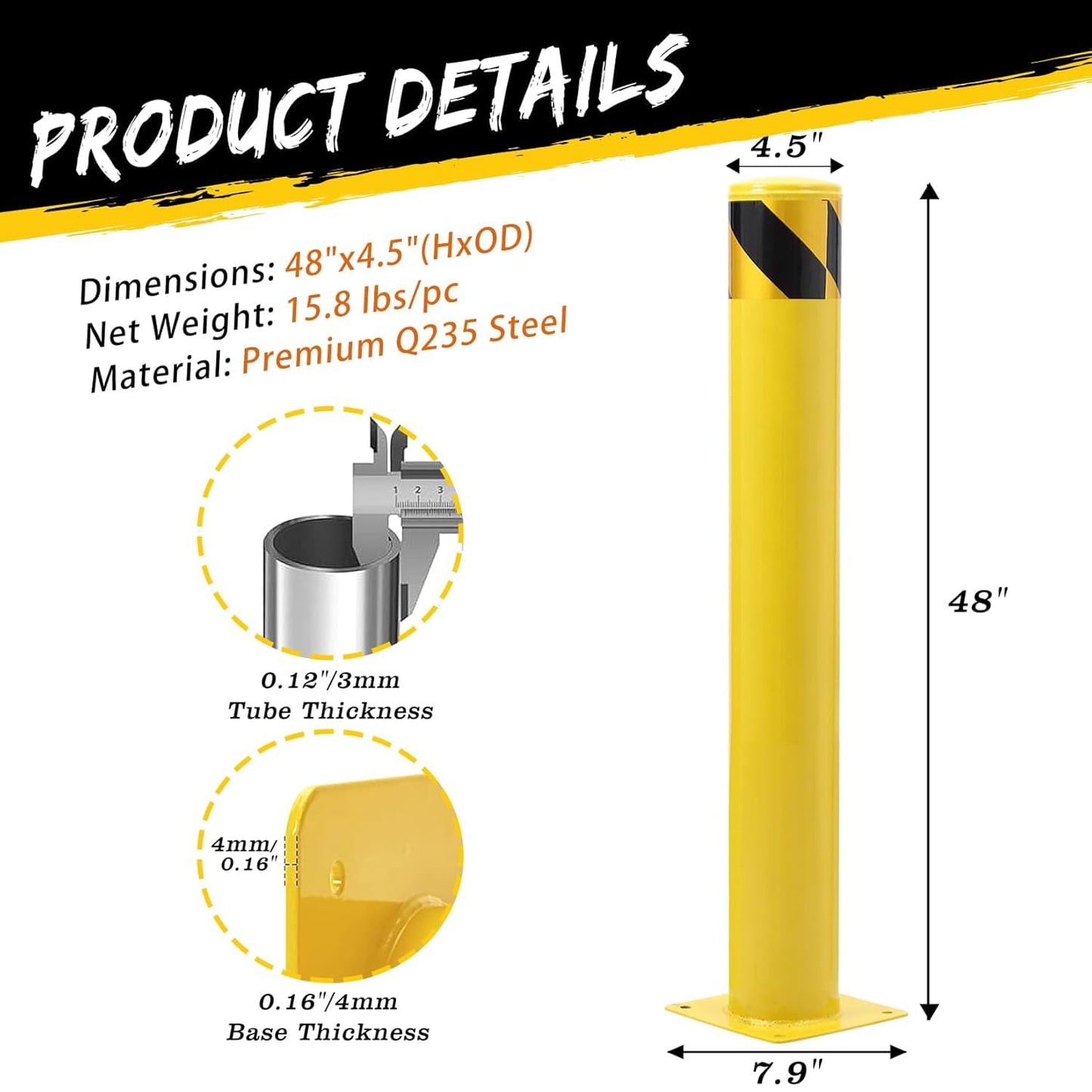 2 Pack Safety Bollard Post, 48 Inch Height 4.5 Inch Diameter Yellow Pipe Safety Steel Bollards with Anchor Bolts and Wrench, Steel Bollards for Road Warning Construction Traffic Control