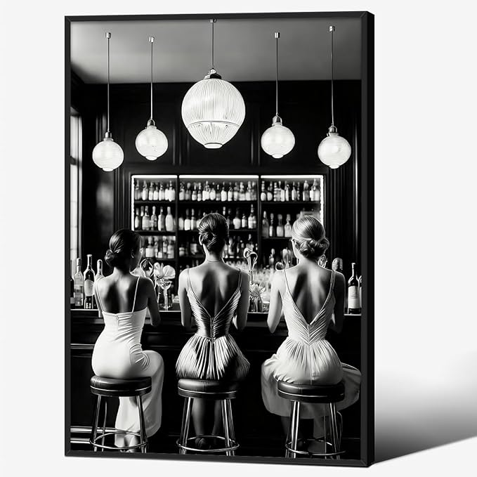 Vintage Black and White Black Framed Wall Art Trendy Women Drink Cocktail by FuSatisYilife