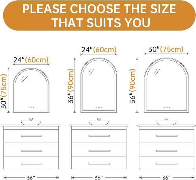 Arched LED Mirror for Bathroom 30"x36", 3 Color Changing, Touch Sensor - Image 2