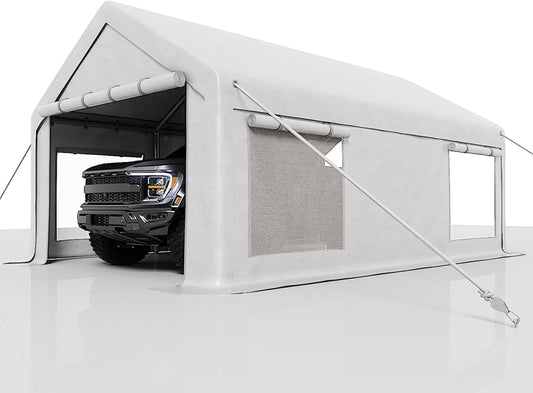 10 x 20ft Heavy-Duty Carport with Roll-Up Windows & Removable Sidewalls & Doors Thickened Wind Ropes, Ground Nails, Portable Car Tent Garage for Cars, Trucks, Boats, 180G Durable Tarp Cover,White