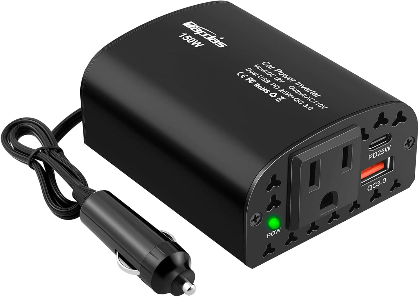 150W Car Power Inverter DC 12V to 110V AC Car Outlet Adapter with PD 25W &QC3.0 USB Ports Laptop Car Charger