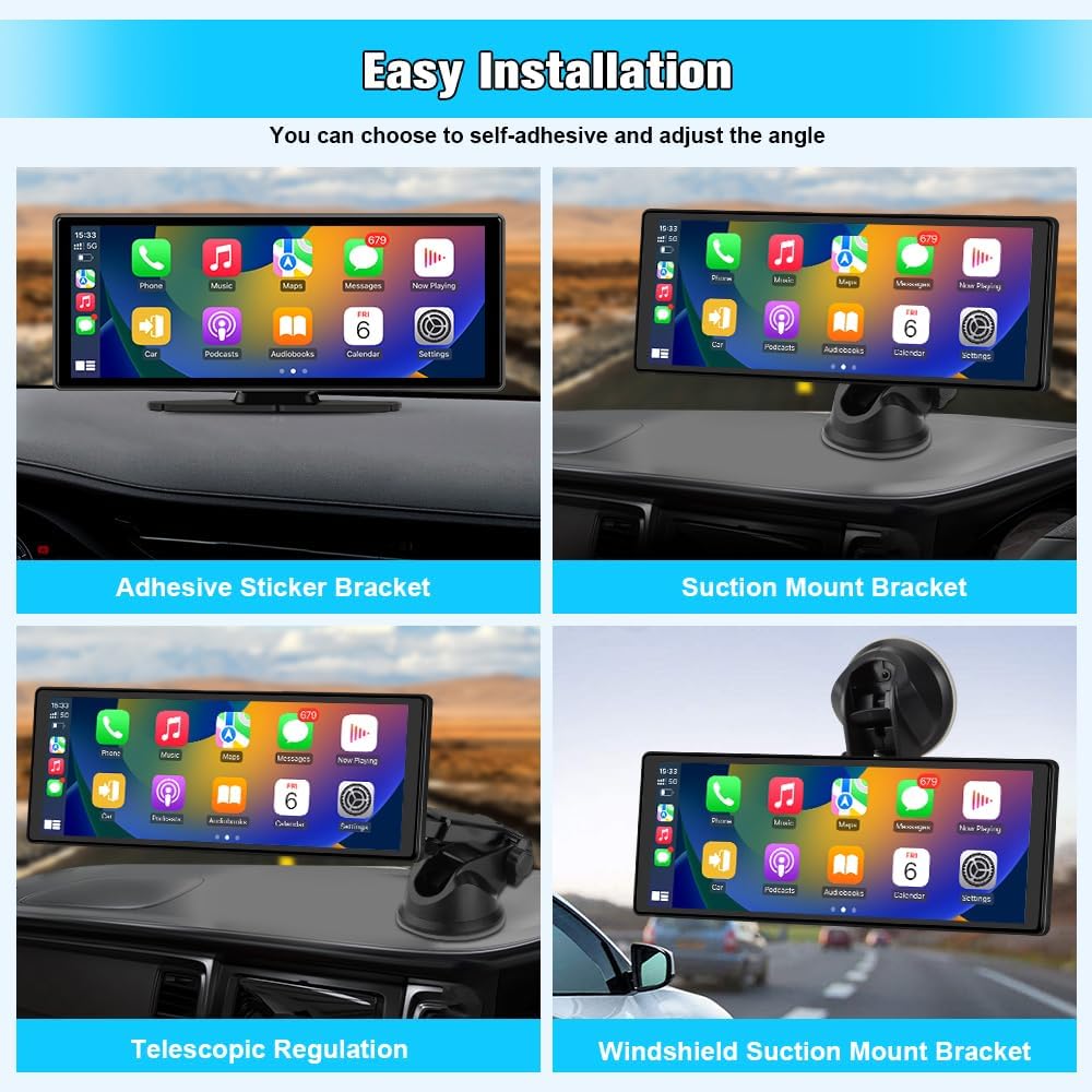 10.26" Portable Apple Carplay Screen for Car, Carplay & Android Auto Car Stereo, Touchscreen GPS Navigation 4K Dash Cam/1080P Backup Camera/Mirror Link/Bluetooth/Voice Control
