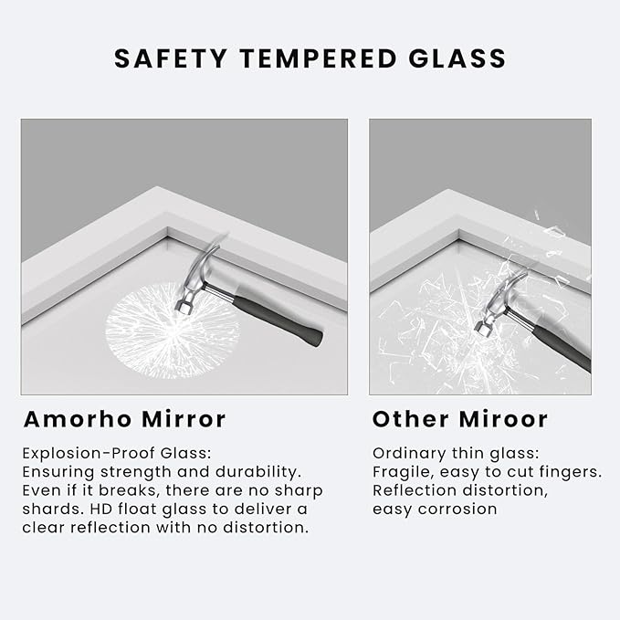 Amorho Bathroom Mirror, 48x30 Inch White Thick Metal Framed Wall Mirrors - Image 4