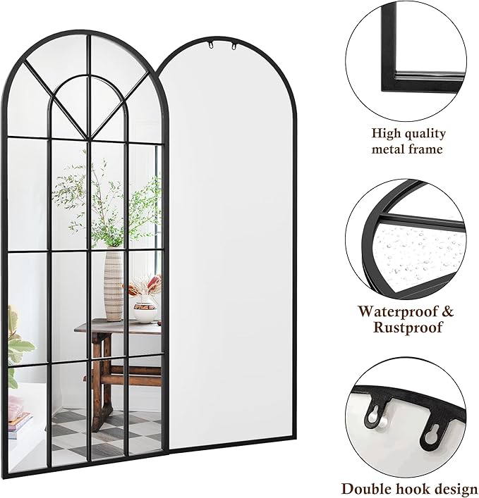 Full Length Mirror, Large Body Arched Wall Mounted Window Pane Mirrors - Image 7