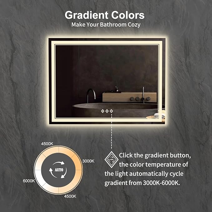 LED Mirror for Bathroom, 48x36 Inch Gradient Front and Backlit Bathroom Mirror - Image 3
