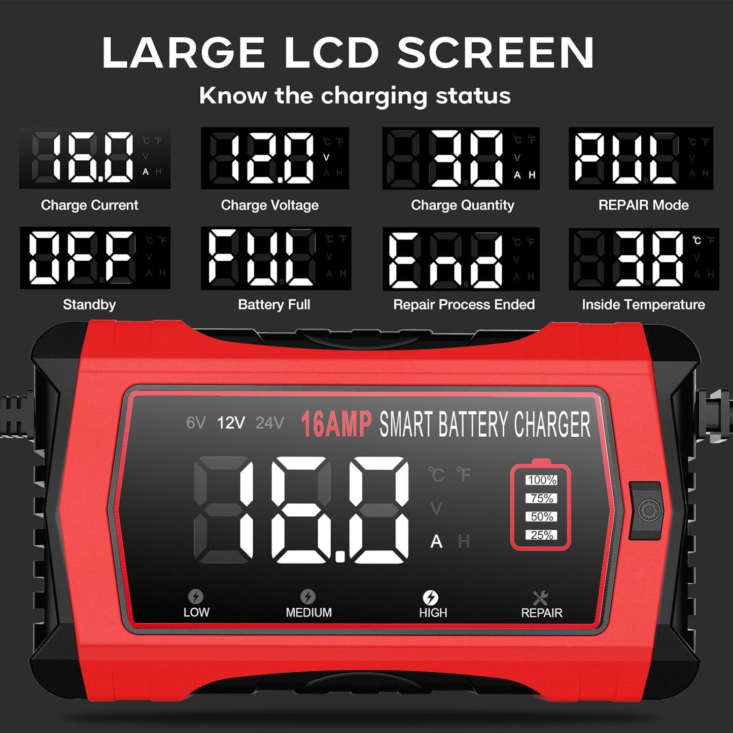 16-Amp 24V/12V/6V Portable Car Battery Charger,Smart LiFePO4 Lithium Lead-Acid Battery Charger,Trickle Charger,Maintainer w/Temperature Compensation for Motorcycles Boats ATVs Lawn Mowers