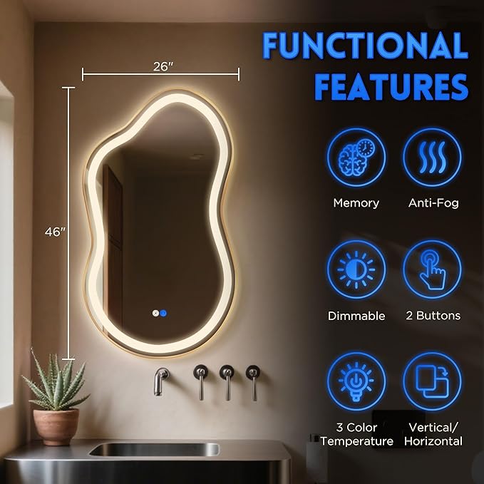 Irregular Led Backlit Bathroom Mirror -26"x46" Single Piece, Asymmetrical Cloud - Image 2