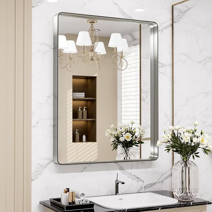 LOAAO 30X36 Inch Brushed Nickel Bathroom Mirror, Rounded Rectangle Silver Metal - Image 8