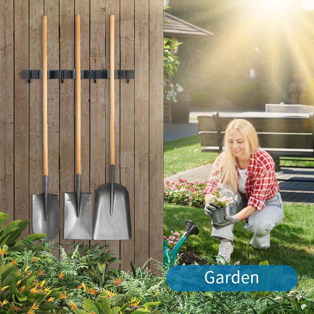 2 Pack Broom Hanger and Mop Holder, Heavy Duty Garden Tool Organizer Rack Rake and Shovel Handle, Stainless Steel Wall Mounted Utility Rack with Screws (4 Racks with 5 Hooks, Matte Black).