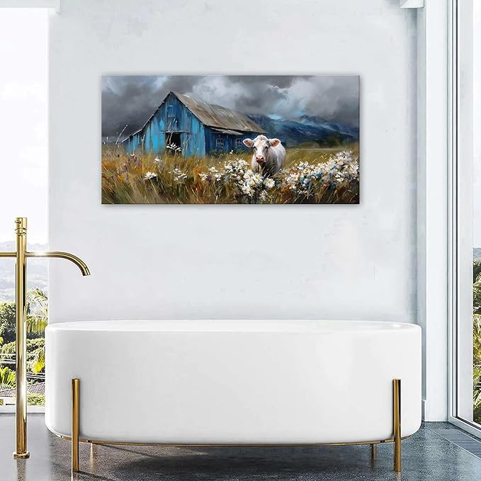 AIYISU Farmhouse Cow Wall Art Rustic Barn Landscape Pictures Wall Decor Blue - Image 5