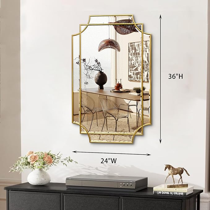 HQiJun Gold Mirror for Wall, 36x24 Gold Wood Framed, Scalloped Beveled Polished - Image 9