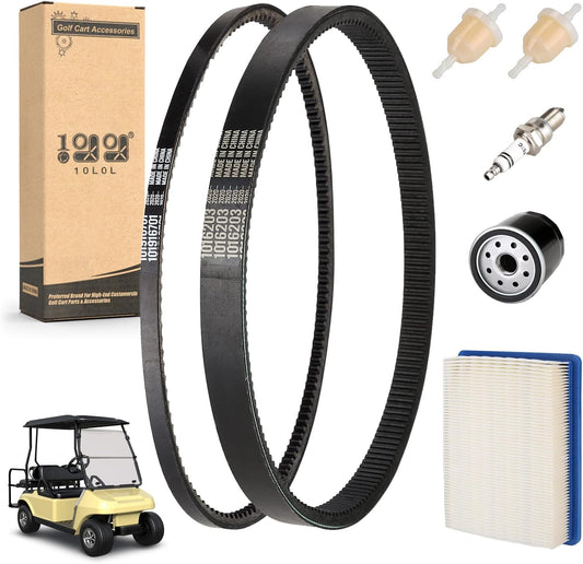 10L0L Golf Cart DS Tune Up Kit W/Clutch Drive Belt &Generator Belt fit 1992-2004 Club Car DS Gas Models with FE290,FE350 Kawasaki Motor, Incl. Air & Oil Fuel Filters Spark Plug,OEM 1025582, 101916701