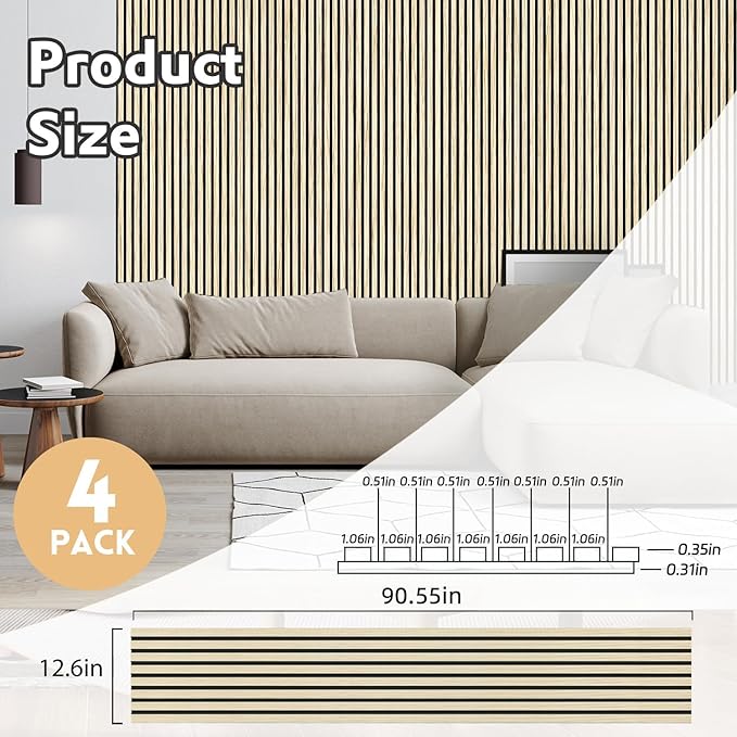 RITOLLO 4 Pack Wood Panels for Wall, 90.55"×12.6" Wood Slat Acoustic Panels for - Image 2