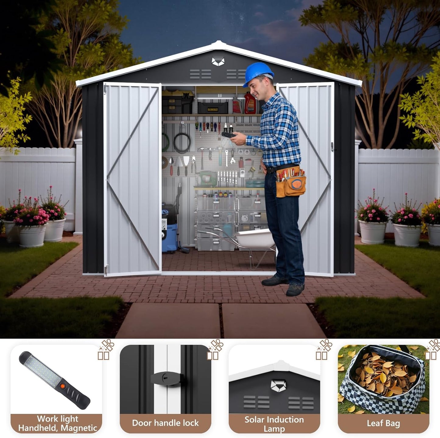 10x8 FT Outdoor Storage Shed, Metal Garden Shed - Tool Storage Sheds with Lockable Doors, Waterproof Outside Storage Building for Backyard, Patio (Black; Floor Not Included)