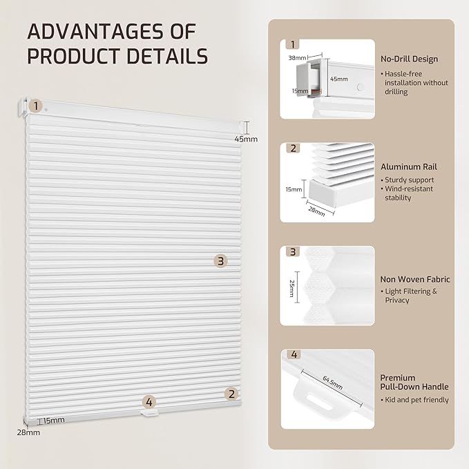 Grandekor No Drill No Tools Cordless Cellular Shades, 45.5" W x 64" H, Light - Image 9