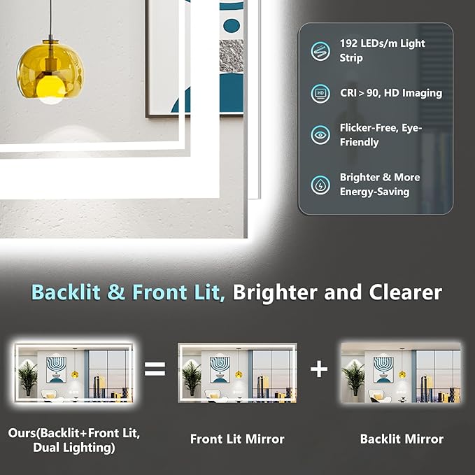 72x40 LED Bathroom Mirror with Lights, Backlit and Front Lit Anti-Fog Lighted - Image 3