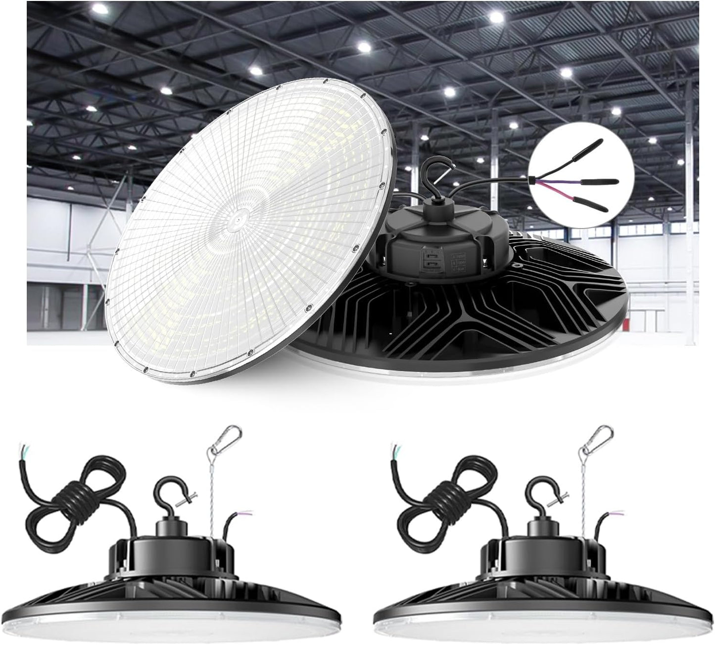 150W UFO-LED-High-Bay-Light,UL & DLC Listed 5000K Daylight 21000LM,0-10V Dimmable LED High Bay Lights,IP65 Waterproof Commercial Bay Lighting Fixture AC100-277V for Warehouse(3 Pack)